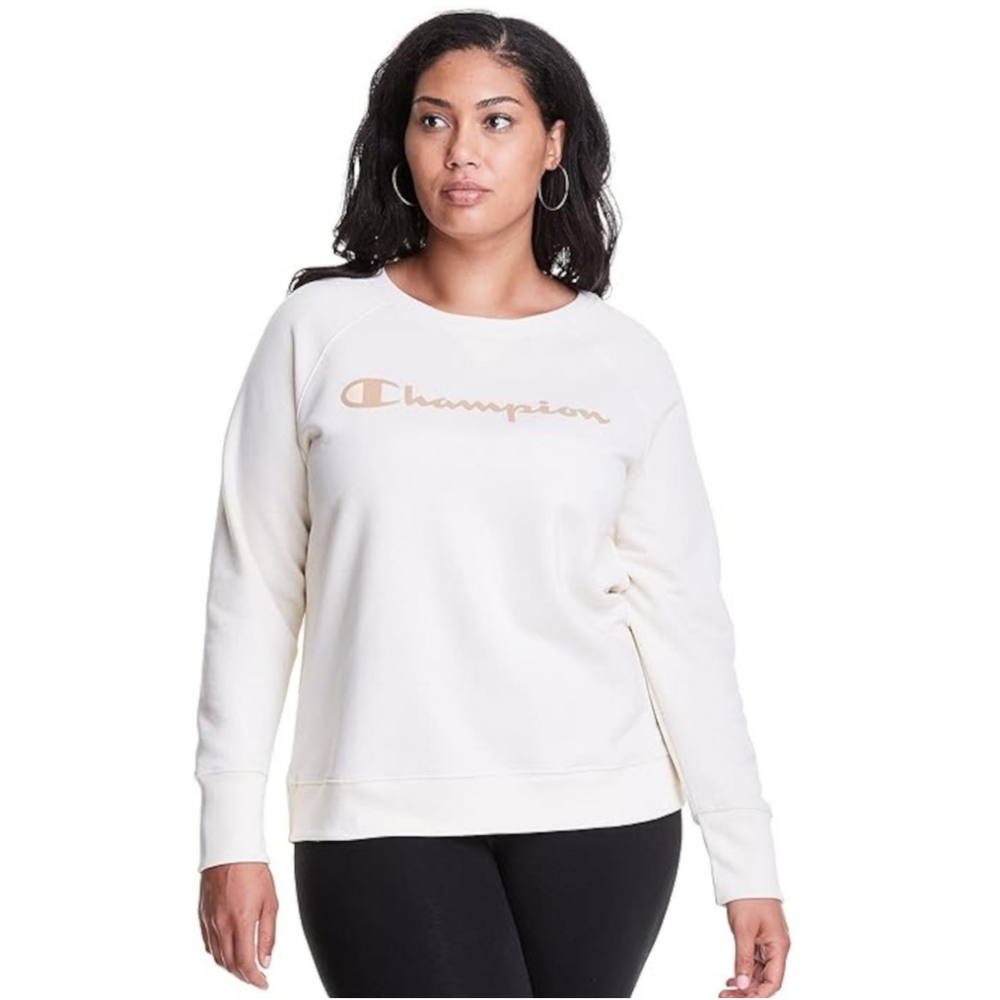 CHAMPION Womens Beige Ribbed Long Sleeve Crewneck Pullover Logo Graphic Sweatshi